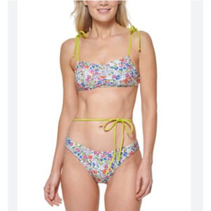 TOMMY HILFIGER 2PC Floral Bikini Top & High Leg Cheeky Swim Bikini Bottom Large